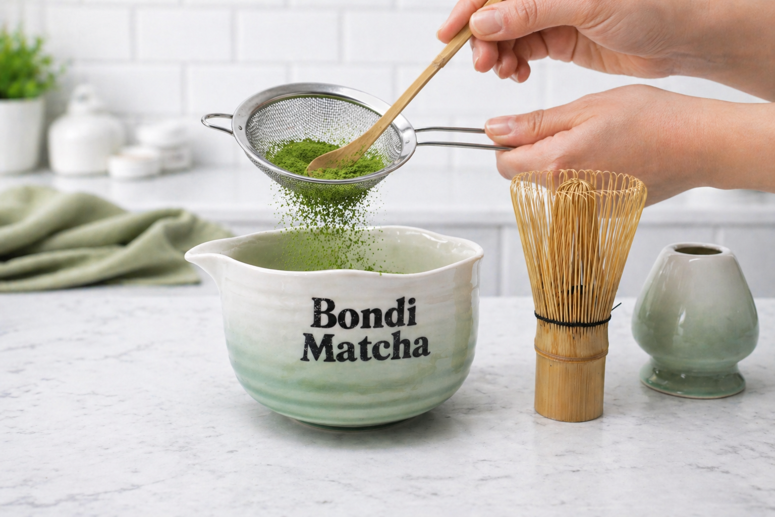 Person making matcha in a Bondi Matcha bowl with a whisk and sieve.