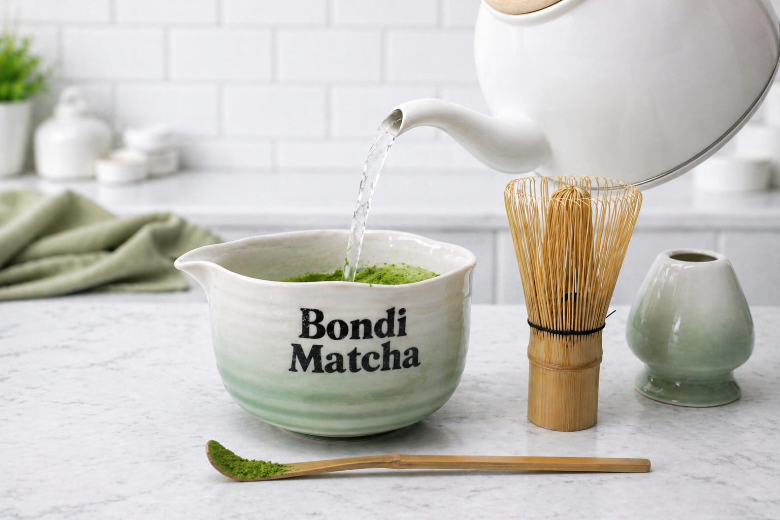 Bondi Matcha bowl with a teapot pouring liquid into it on a kitchen counter.