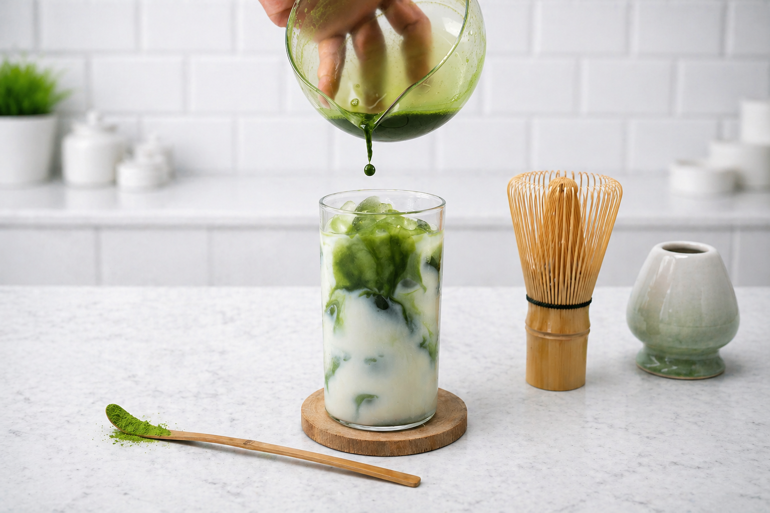 Person pouring green liquid into a glass with matcha powder on a white countertop.